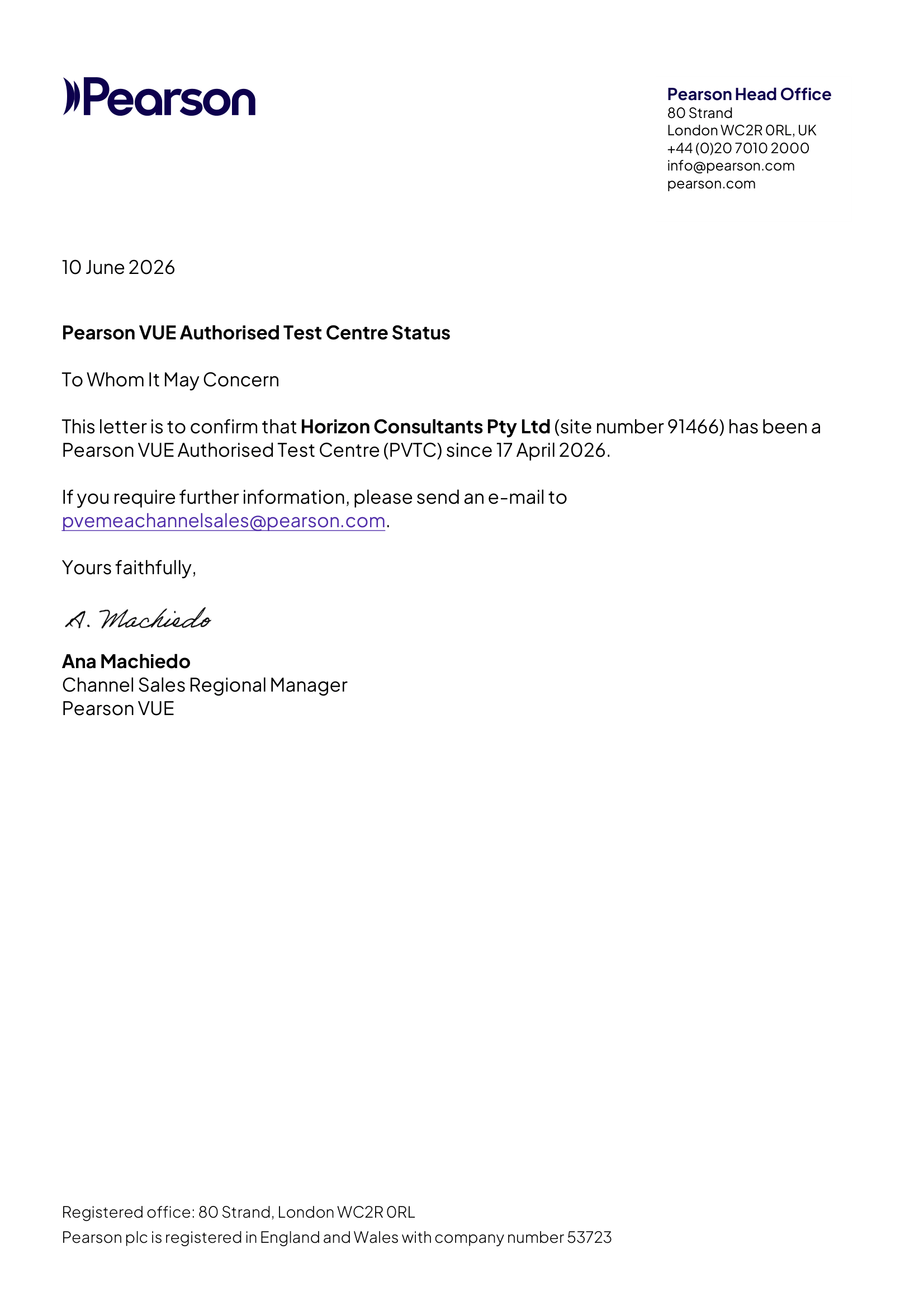 Authorised Test Centre certificate confirming Horizon Consultants' accreditation