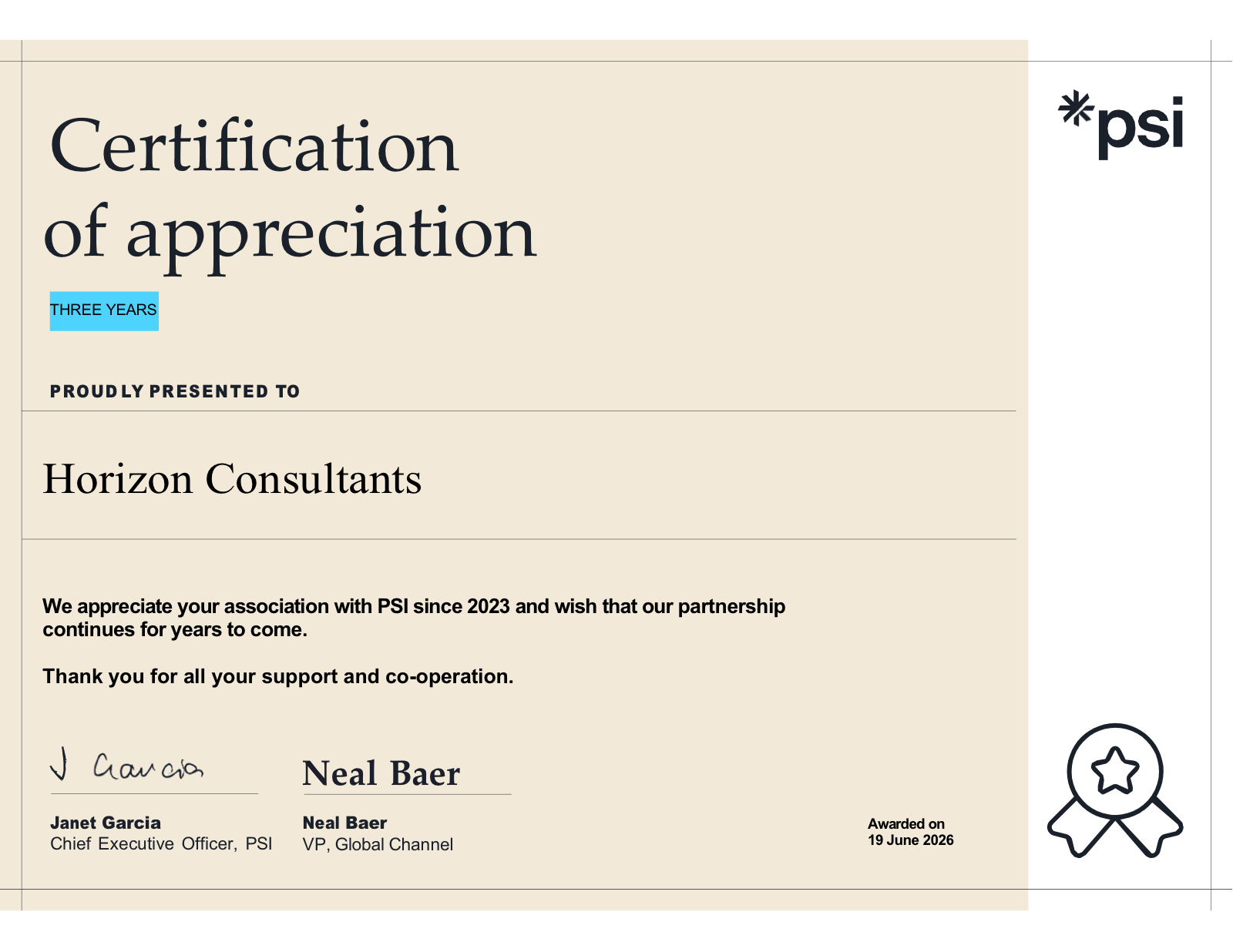 PSI Certificate of Appreciation presented to Horizon Consultants for three years of partnership